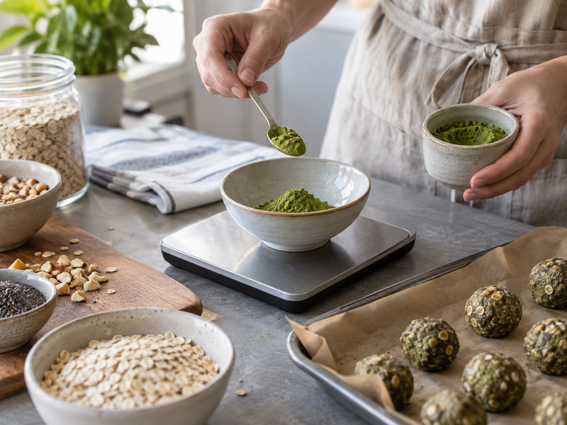 A scale weighs matcha for a small no-bake snack trial