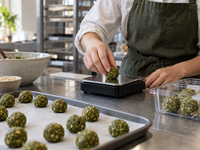 Matcha bites are weighed individually before packing