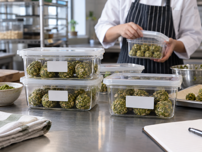 Labeled pilot batches of matcha bites are stored for a handling trial