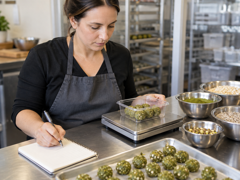 A manager costs a packed serving of matcha bites from weighed ingredients