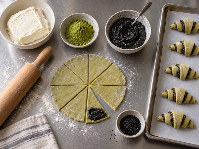 Cut matcha rugelach showing a neat black sesame spiral beside a bakery trial sheet
