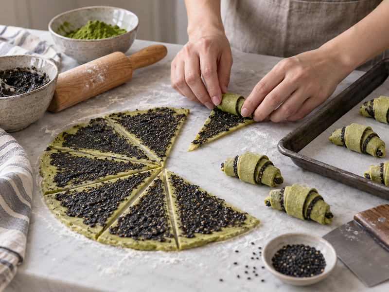Sifted matcha samples and two measured dough sheets prepared for a rugelach bake test