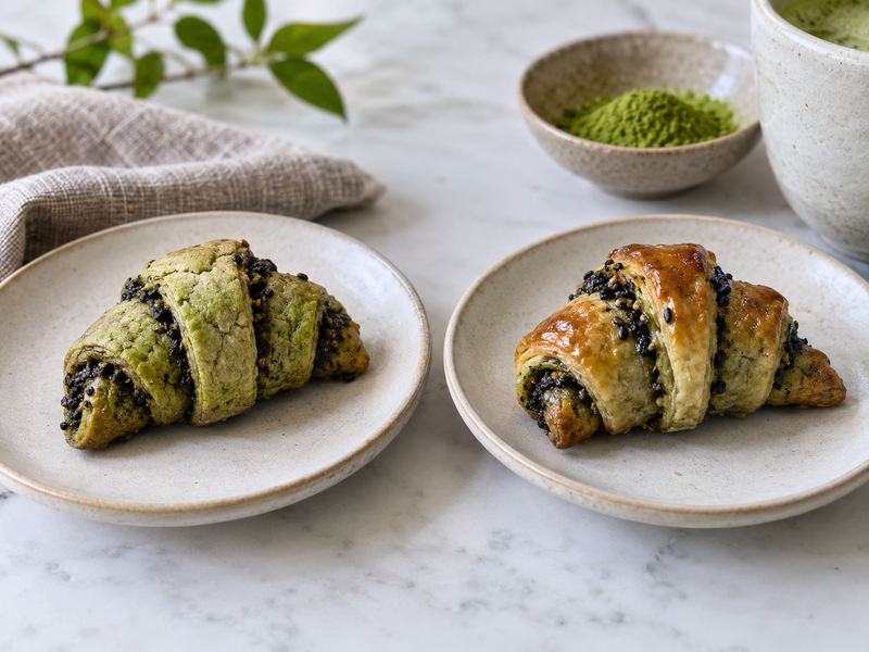 Baker cutting chilled matcha and black sesame logs at a marked width