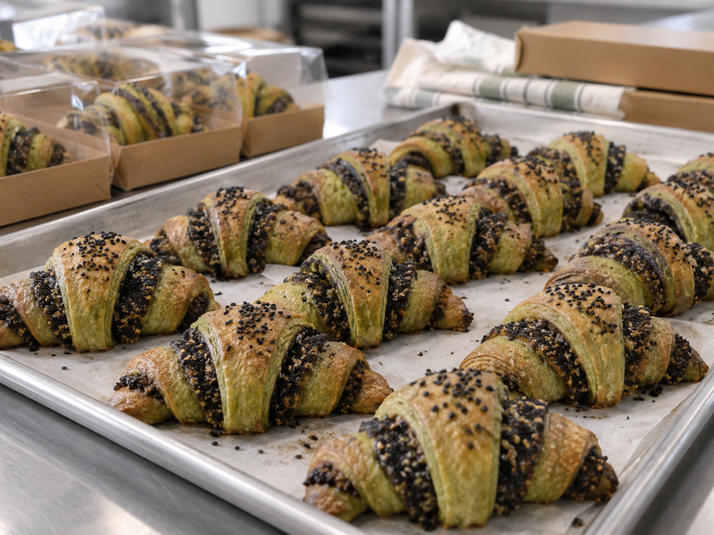 Cooling rack and labeled bakery display tray holding finished matcha rugelach
