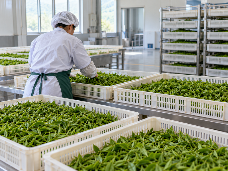 Ventilated crates of fresh tea leaf
