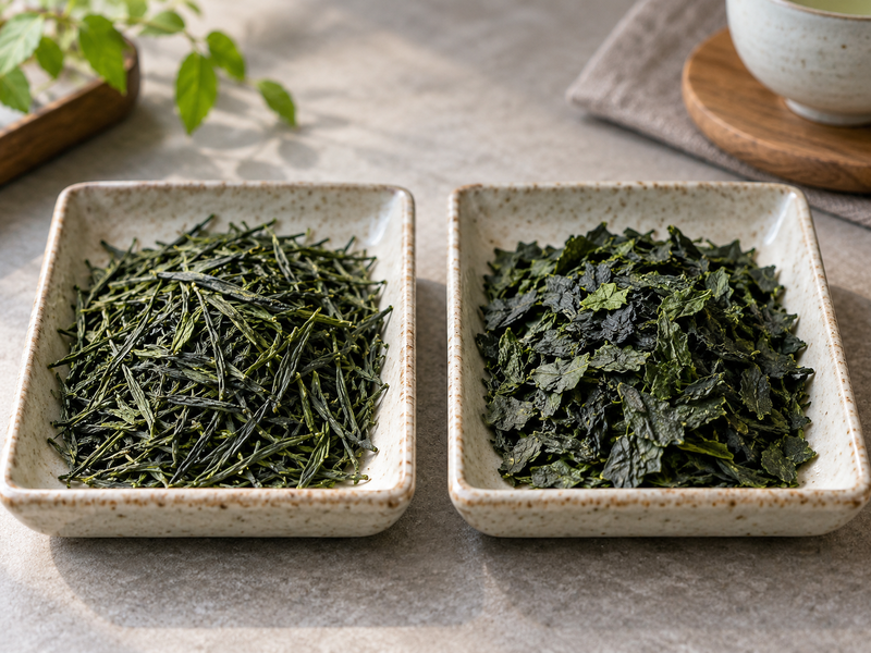 Sencha needles and tencha leaf fragments in separate ceramic sample trays