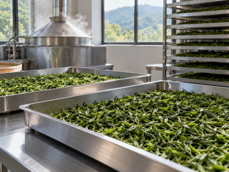 Green tea leaves on trays in a clean processing room