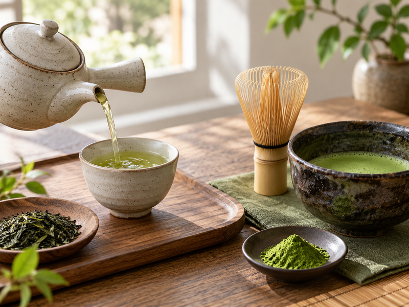 A kyusu serving sencha beside a separate bowl and bamboo whisk for matcha