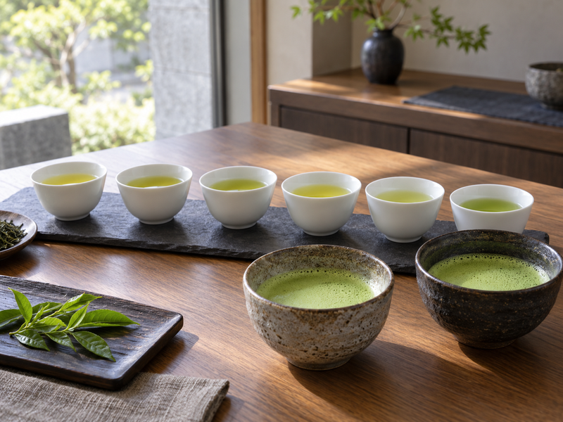 Unlabeled cups of sencha and bowls of matcha arranged for a tasting trial