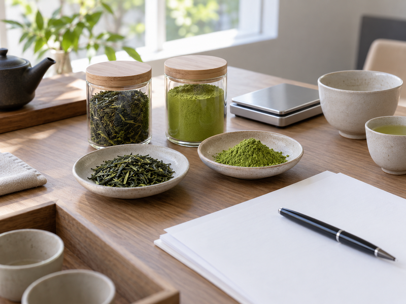 Tea sample jars, blank specification sheets and a scale on a purchasing desk