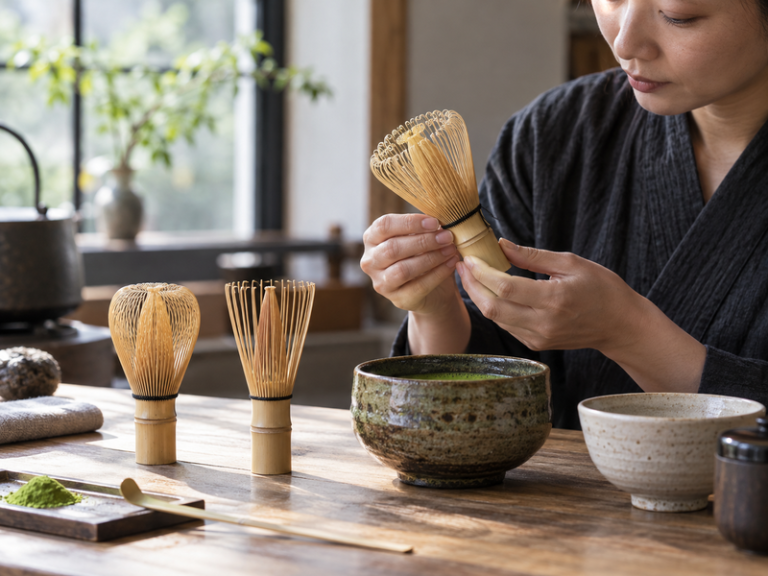 Tea professional inspecting three bamboo chasen profiles