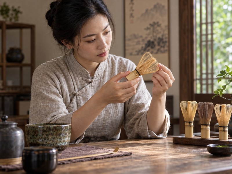 Tea professional comparing bamboo chasen head profiles at a tea table