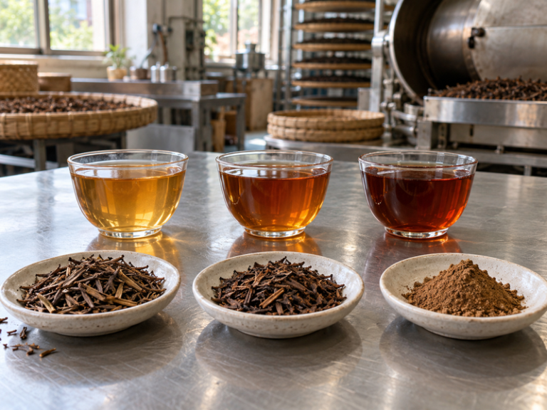 Three cups of amber hojicha tea comparing light, medium and dark roasted flavor profiles