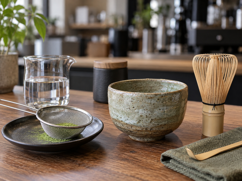 A barista compares matcha serving cups and a written recipe card