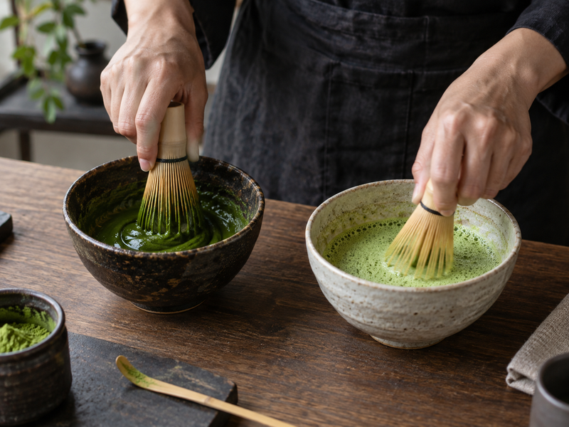 Two matcha bowls showing thick koicha and frothy usucha