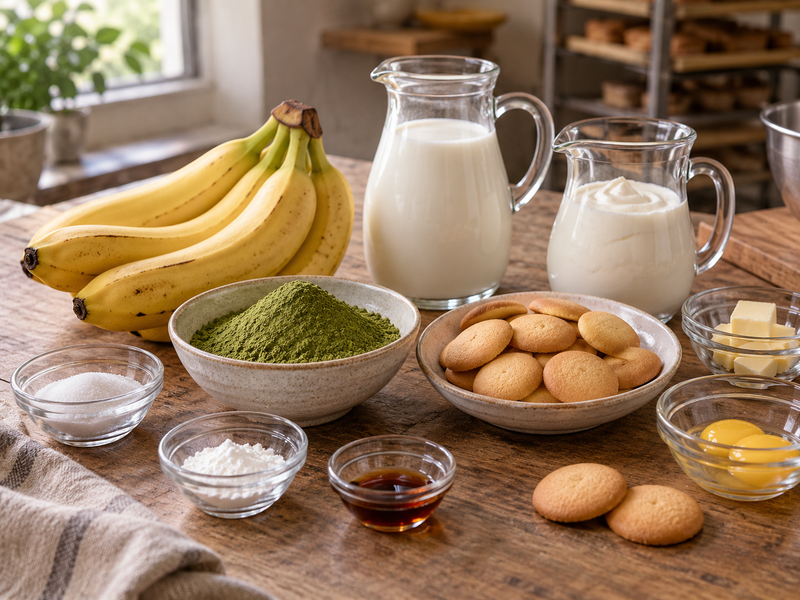 Measured banana, wafers, dairy and matcha arranged for a recipe trial