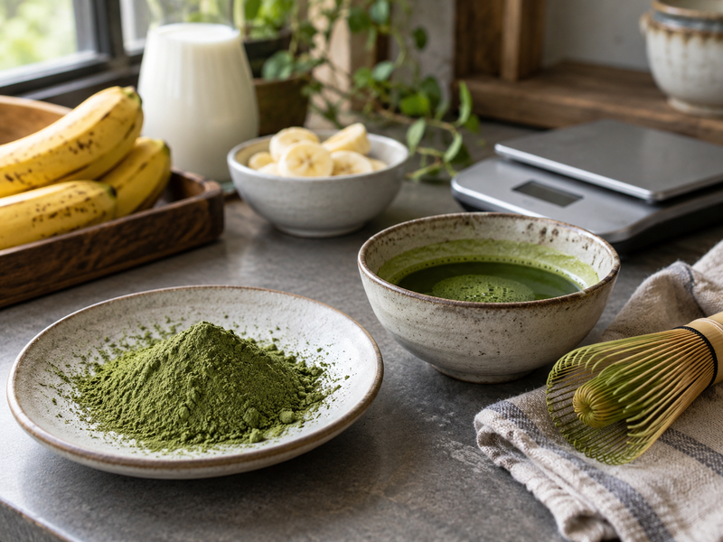 Matcha slurry being whisked into a chilled pudding base