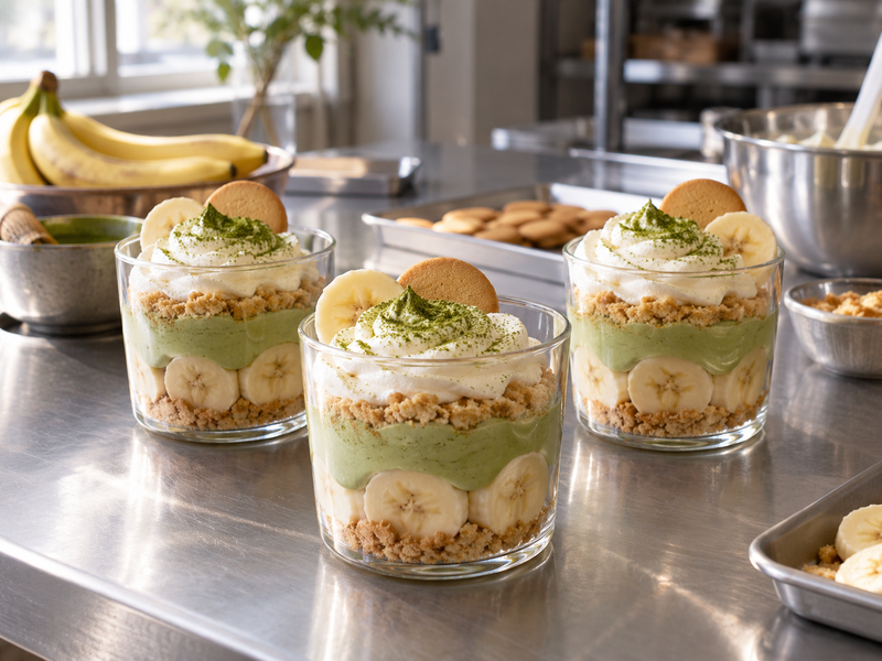 Clear dessert cups receiving measured layers of matcha cream, banana and wafers