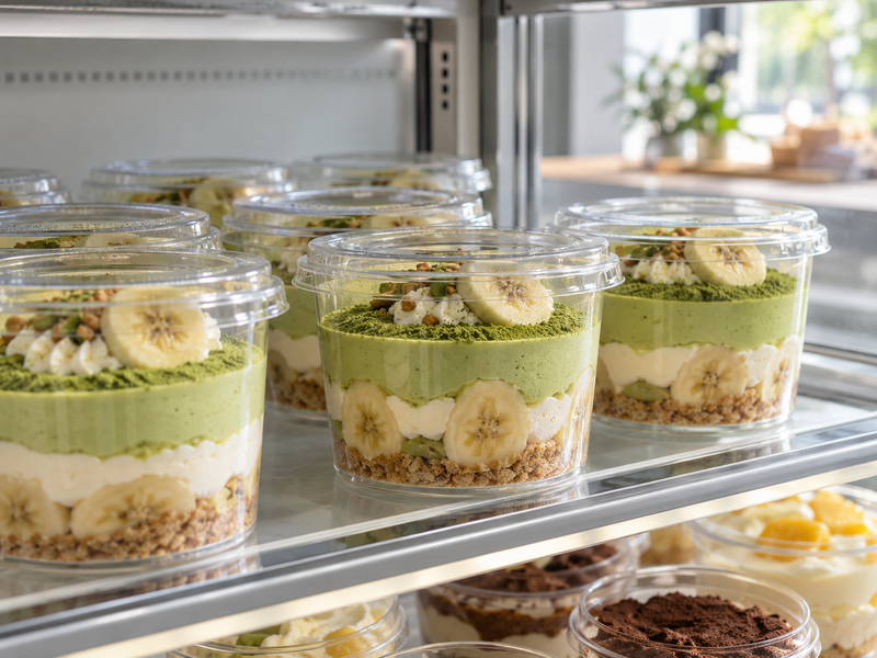 Covered pudding cups in a chilled café display case