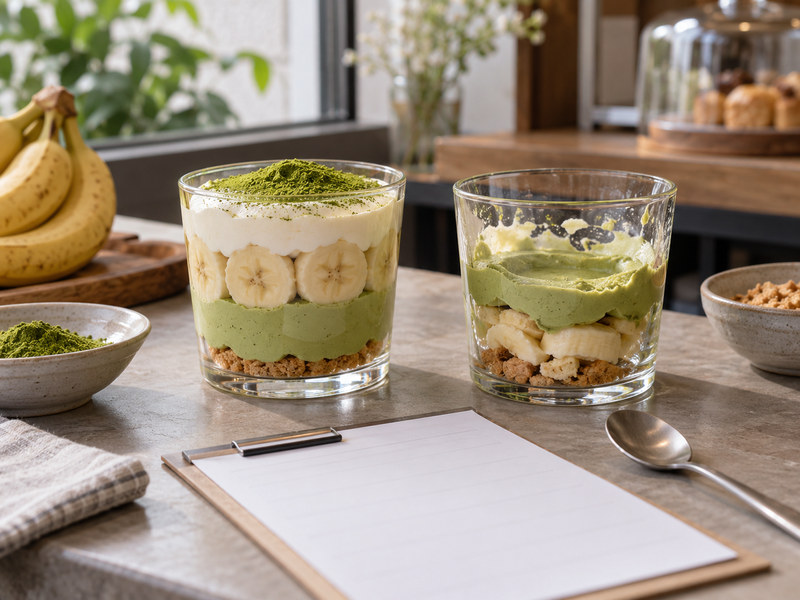 Staff tasting finished matcha banana pudding cups against a portion card