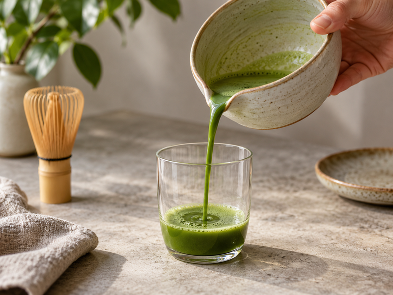 Matcha Bowl With Spout: Close detail of a ceramic matcha bowl spout pouring a narrow controlled stream into a clear glass, clean lip with no drip