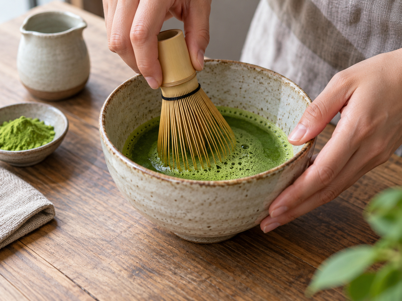 Matcha Bowl With Spout: A bamboo chasen stirring matcha in a broad ceramic bowl, close focus on flexible fine tines and small foam