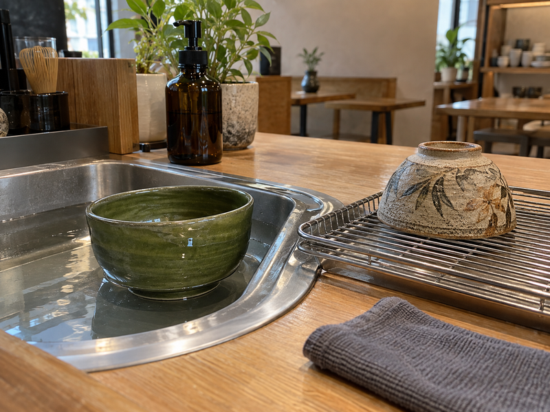 Matcha Bowl With Spout: Ceramic matcha bowl rinsed after service