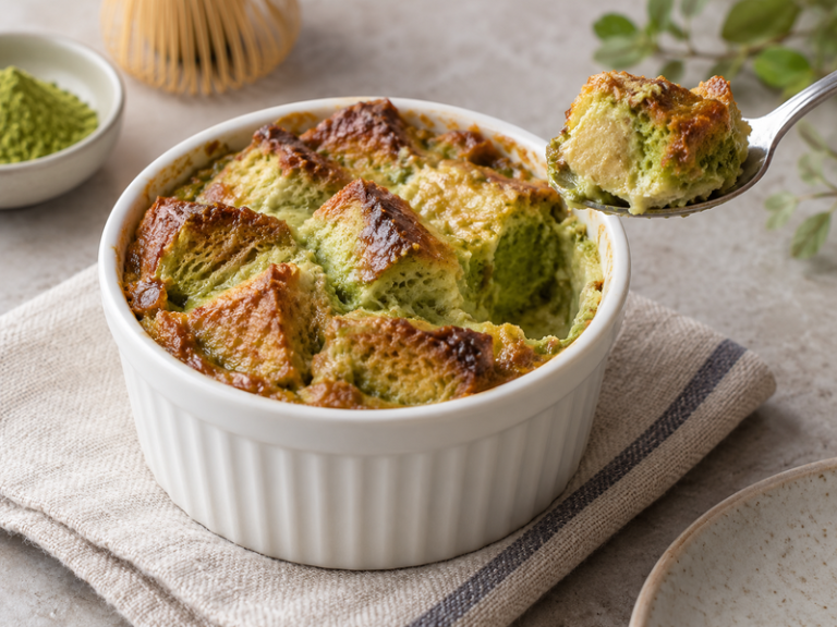 Finished matcha bread pudding in a ramekin with a spoonful lifted