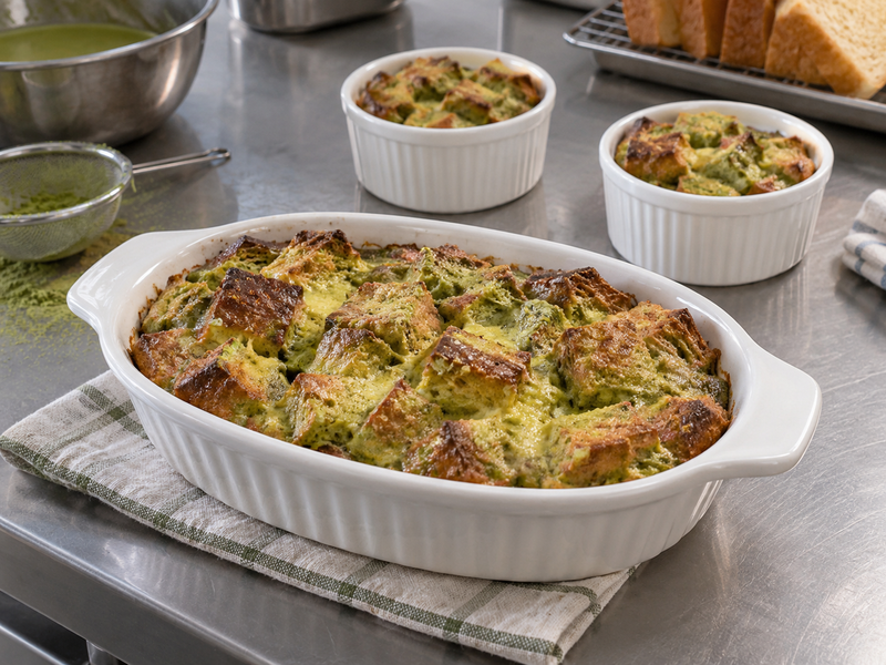 Finished matcha bread pudding trial portions on a bakery development bench
