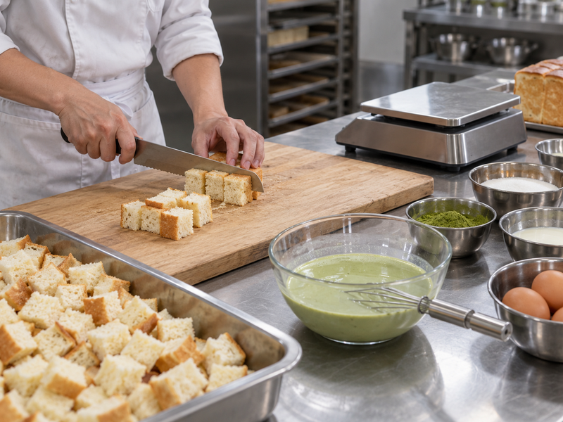 Even bread cubes weighed for a commercial matcha bread pudding trial