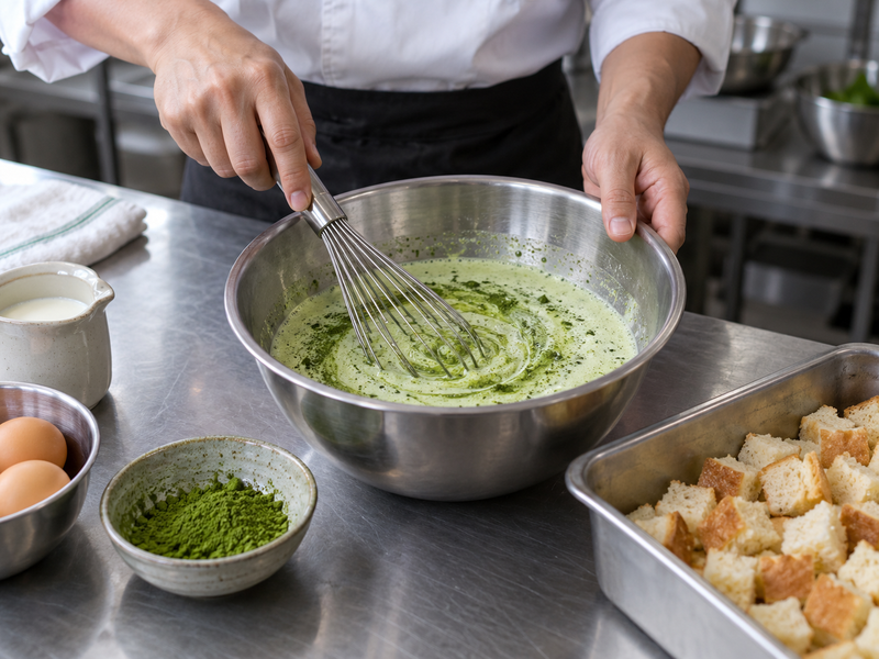 Matcha being whisked into a measured custard phase in a commercial kitchen