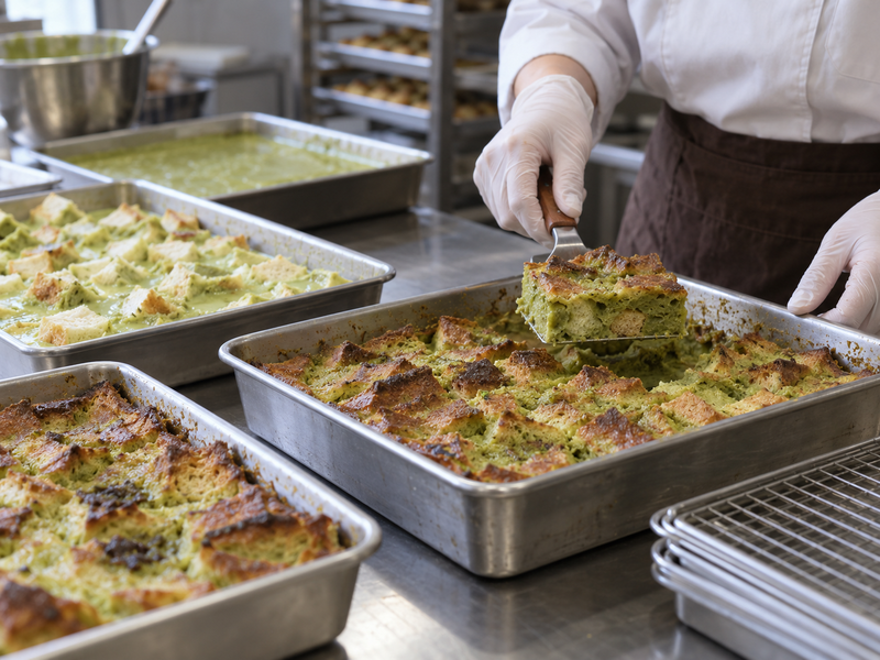 Matcha bread pudding trays evaluated during a commercial production trial