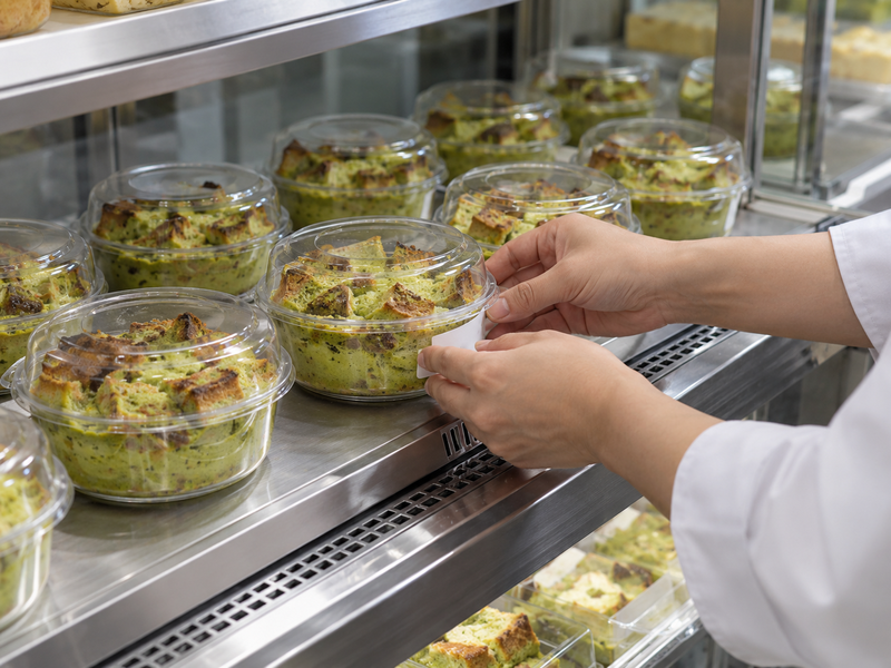 Covered matcha bread pudding portions checked in a commercial chilled display