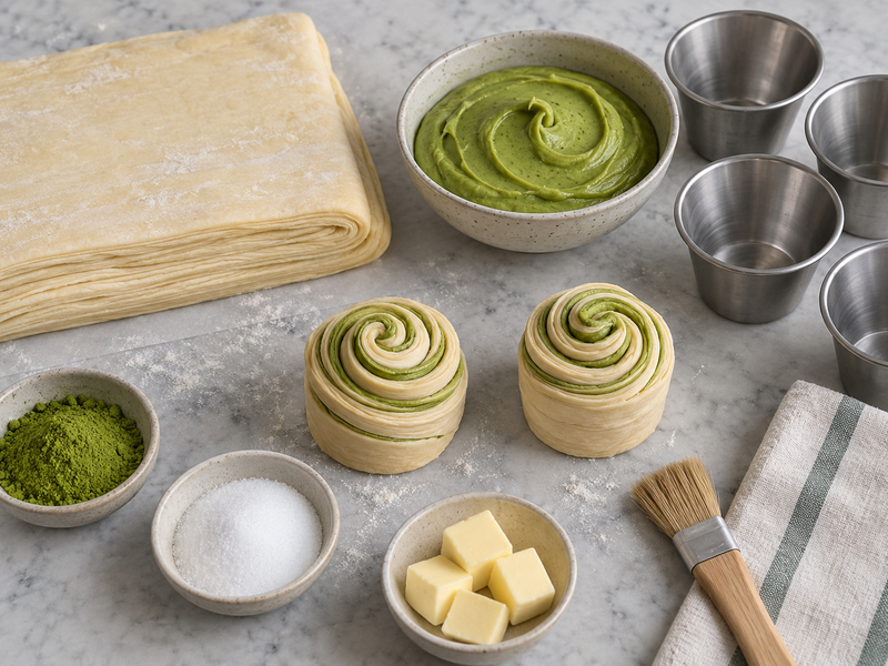 Three baked cruffin shells sliced to show distinct laminated layers and open centers