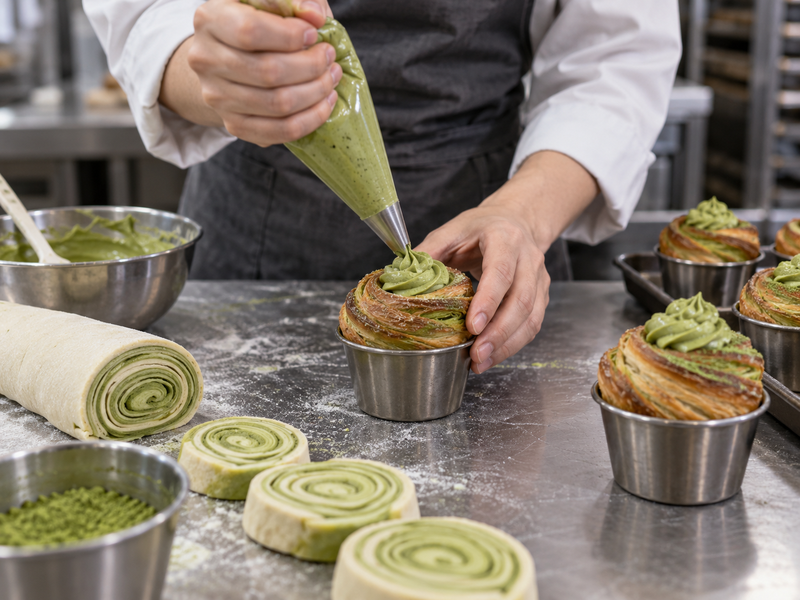 Baker shaping equal laminated dough strips into spirals for a muffin pan