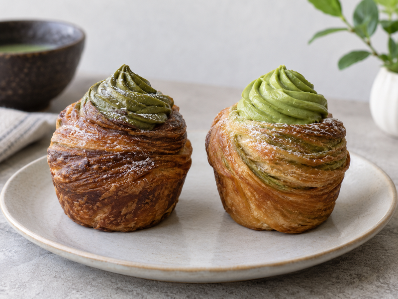 Matcha pastry cream being piped into a cooled cruffin with a weighed piping bag nearby