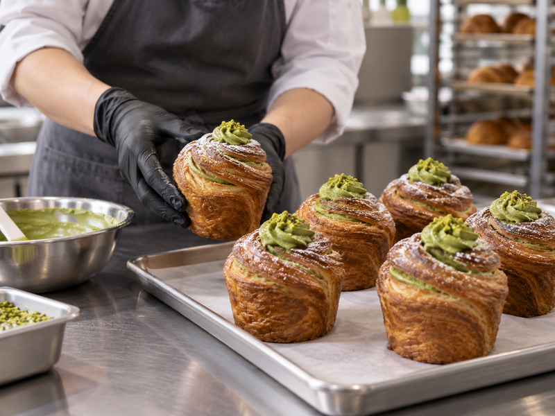 Filled matcha cruffin beside a cross-section and its plain takeaway carton