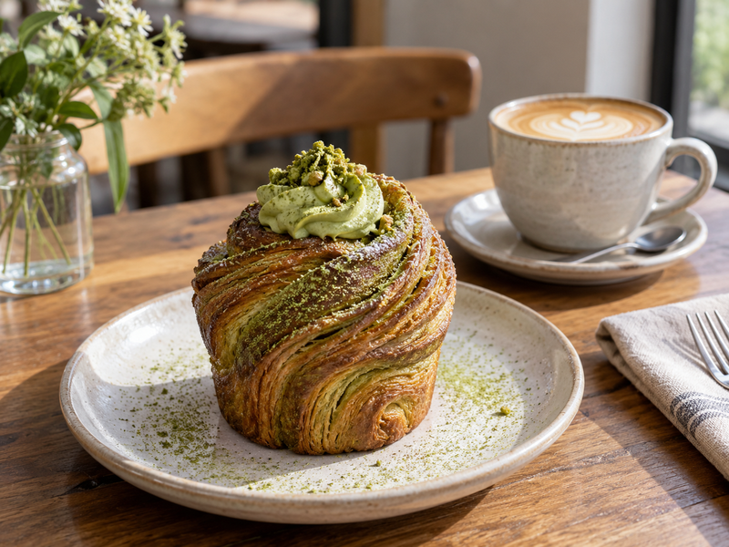 Bakery production scorecard beside rows of accepted and rejected matcha cruffins