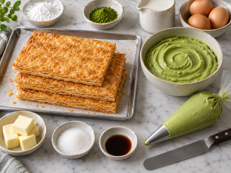 Matcha mille feuille slice showing crisp pastry sheets and even green cream layers