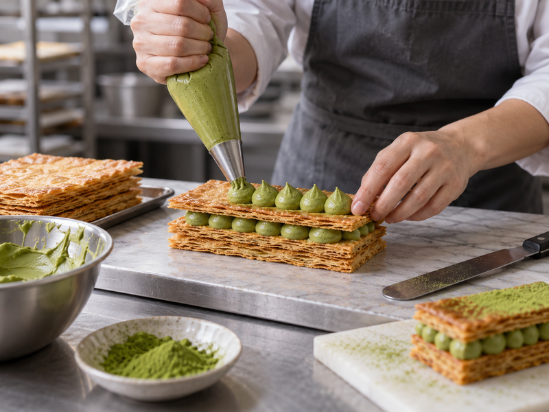 Baker piping smooth matcha cream onto aligned baked puff pastry strips