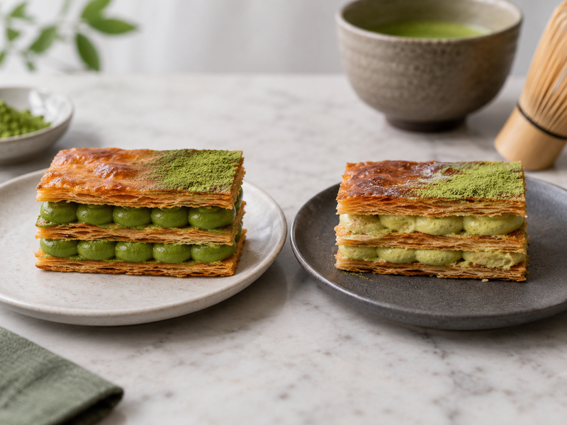 Bakery team aligning flat pastry sheets and evenly spaced matcha cream layers for portioning