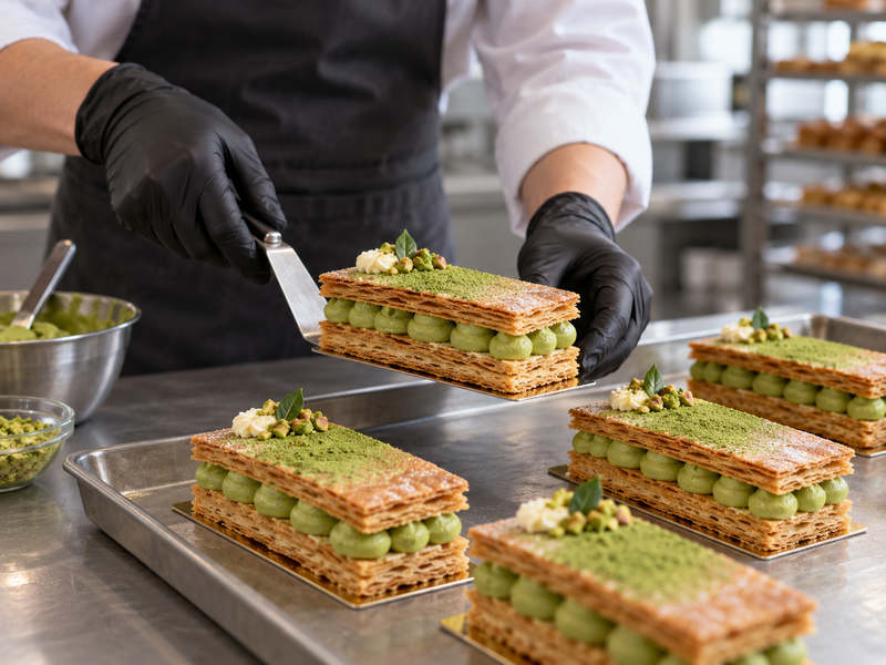 Matcha mille feuille slices in a chilled unbranded bakery display with clean cut faces