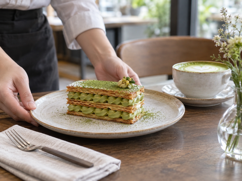 Bakery manager counting accepted matcha mille feuille slices beside a yield and cost sheet
