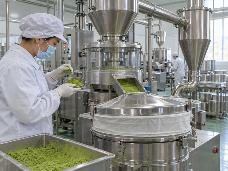 Matcha powder milling and filling equipment in a clean factory