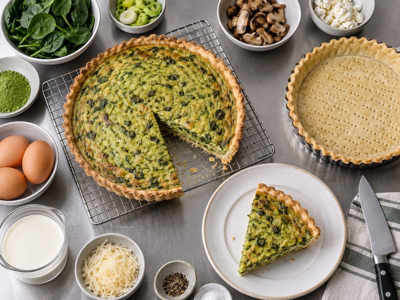 Whole matcha quiche and a clean café service wedge
