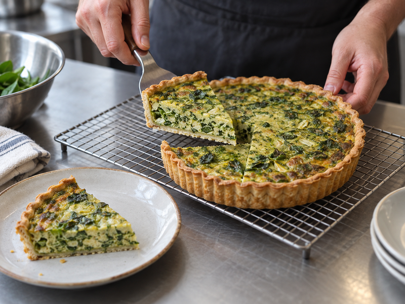 Three weighed matcha custard trials beside their baked quiche slices