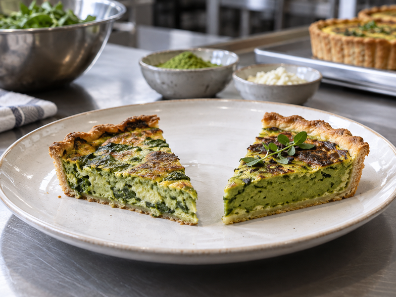 Blind-baked quiche shells prepared for measured matcha custard