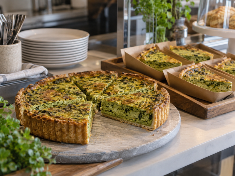 Café worker checking a reheated matcha quiche wedge on a service plate