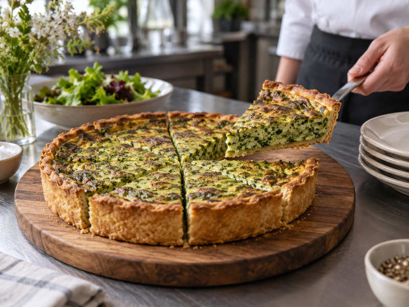 Ingredient labels and quiche production record beside prepared wedges