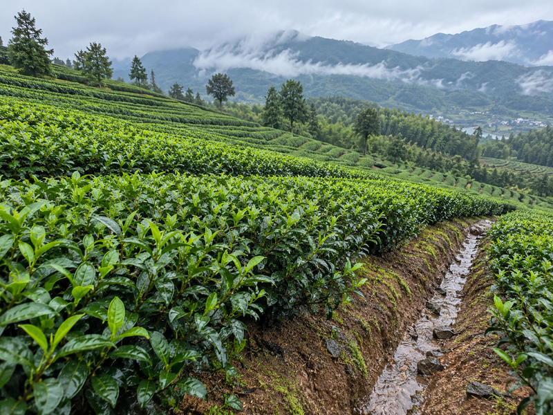 Tea rows with a drainage furrow